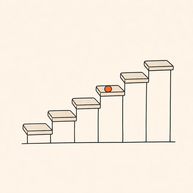 A staircase of six steps with a small orange marker resting on the third step.